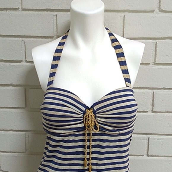 Jessica Simpson Blue/Gold Striped Tie Tankini Swim Top. Size Medium - Picture 2 of 12